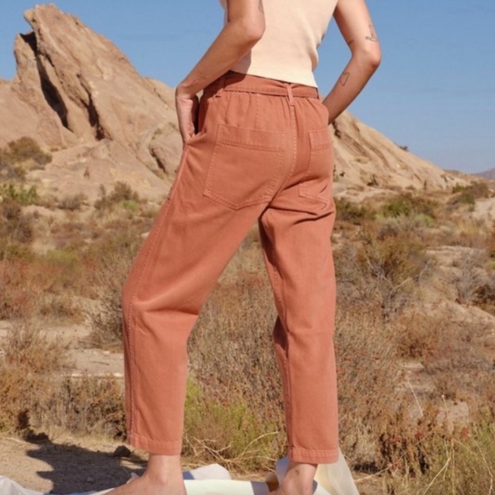 AMO Paperbag Pant in Suntan High Rise Belted Cropped Straight Leg Cotton Rayon